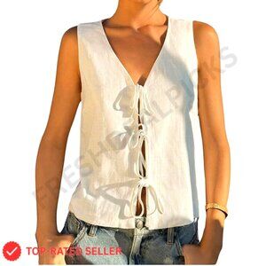 Linen Blend Tie Front Vest Top Coquette Chic Casual Summer Sleeveless